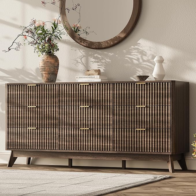 63'' Wide 9 Drawers Dresser for Bedroom,Modern Fluted Vertical Chest with Rounded Corners,Fluted Dresser for Living Room,Hallway, Walnut
