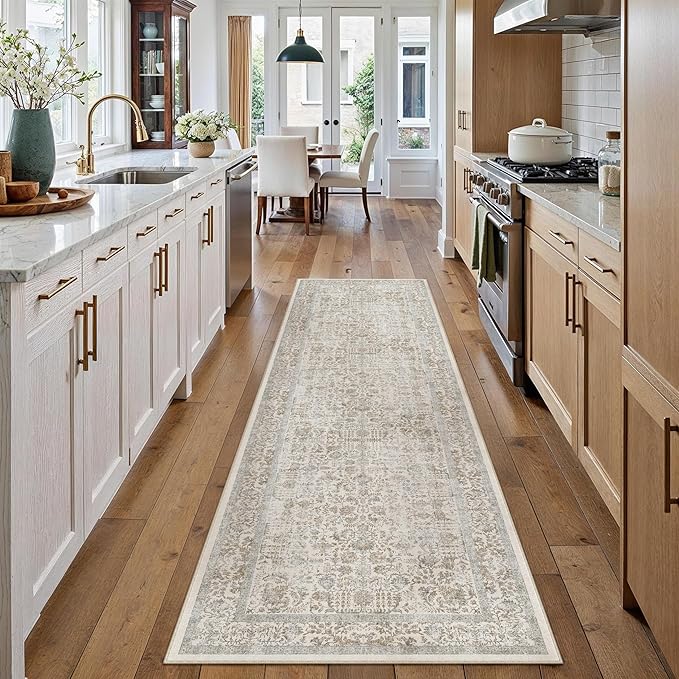 Taupe Runner Rug 2x8 Hallway Machine Washable Kitchen Vintage Distressed Non Slip Long Carpet Indoor Retro Floral Bedroom Accent Throw Rug for Bathroom Office Laundry Dining Living Room