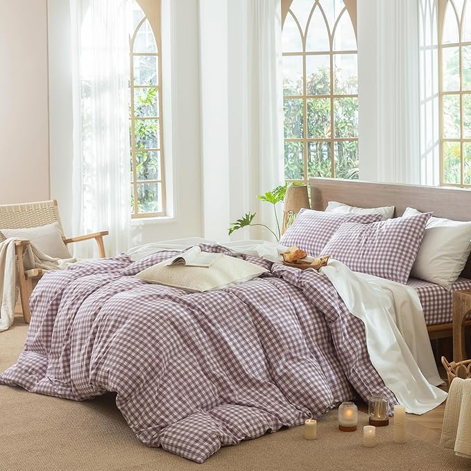 MooMee Gingham Duvet Cover Set 100% Washed Cotton Linen Like Textured Breathable Durable Soft Comfy Modern Checkered Design (Classic Gingham Light Purple, Full 80"x90")