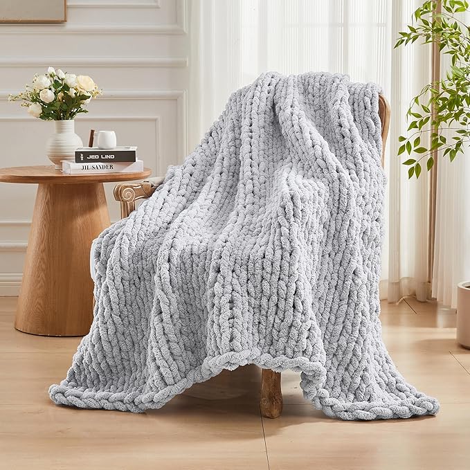 Carriediosa Chunky Knit Throw Blanket 60" X 80" Twin, 100% Hand Made Large Chenille Loop Yarn Soft Fluffy Throws for Couch Sofa Bed, Big Crochet Cozy Heavy Thick Cable Woven Blanket, Grey