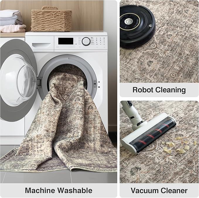 FMFUNCTEX 5x7 Washable Area Rug Neutral Vintage Taupe Non Slip Low Pile Traditional Indoor Carpet for Living Room Bedroom Soft Retro Floral Mat Throw Rug for Dining Office Kitchen Dorm Entryway