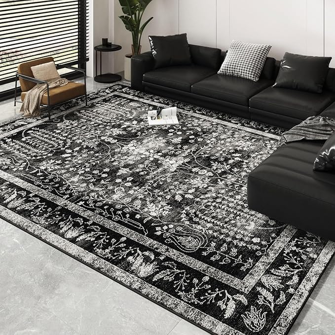 Area Rugs 6x9, Machine Washable Rugs 6x9 Black Large Rug Indoor Floor Non Silp Carpet Distressed Vintage Rug for Bedroom Dining Room Home Office | Black