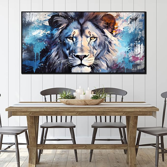 Lion Wall Art for Living Room, Animal Canvas Wall-Decor for Bedroom, Blue Picture Print, Large Size 59x29 Inches Framed