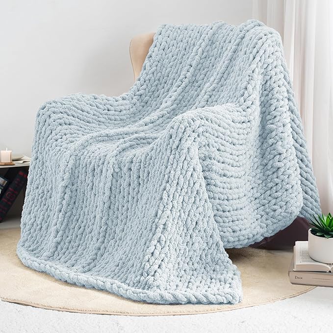 Chunky Knit Throw Blanket 60"X 80", 100% Handmade with Soft Chenille Yarn, 6.7lbs Thick Cable Knitted Blankets, Large Rope Knot Crochet Throws for Couch Sofa Bed Home Decor, Baby Blue