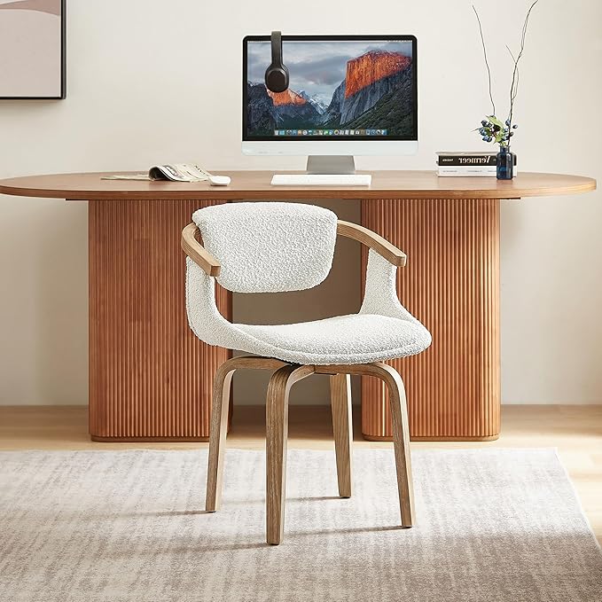 Art Leon Desk Chair No Wheels, Mid Century Modern Swivel Accent Chair, Boucle Fabric Home Office Desk Chair for Small Spaces Living Room Bedroom, White