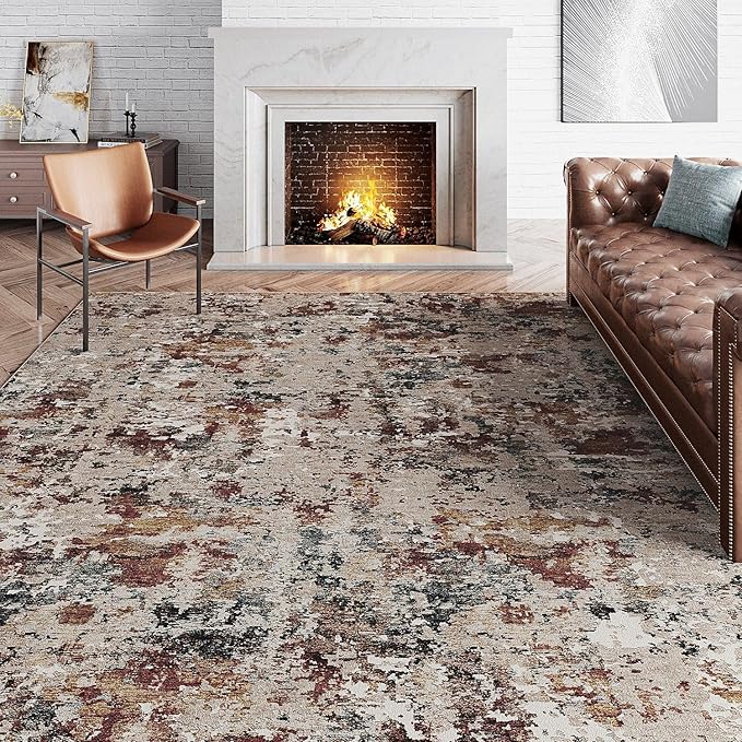 Modern Area Rug 3x5 Machine Washable Entryway Entrance Carpet Red Brown Multi Kitchen Mat Non Slip Indoor Accent Neutral Abstract Distressed Throw Rug for Dining Living Room Office Bedroom