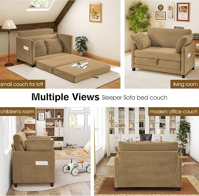 51" Loveseat Sleeper Sofa Bed, Corduroy Convertible Floor Sofa Bed for Small Spaces, Folding Couch Bed with Deep Seat, 2 Pillows & Solid Frame, Pull Out Floor Couch for Living Room, Brown