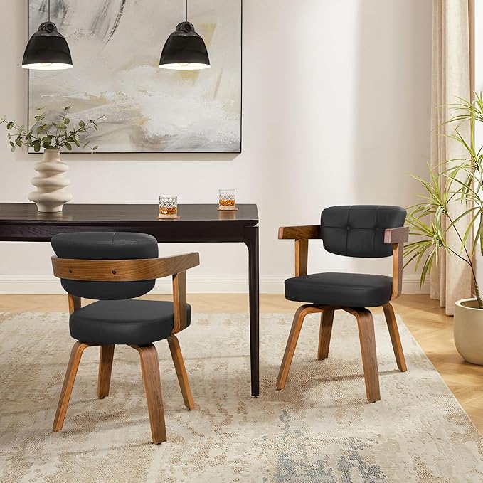 Art Leon Mid Century Dining Chairs - Set of 2 Faux Leather Upholstered Dining Chairs, Modern Swivel Dining Room Chairs Comfy Desk Chair No Wheels Accent Arm Chair for Kitchen Living Room Study, Black