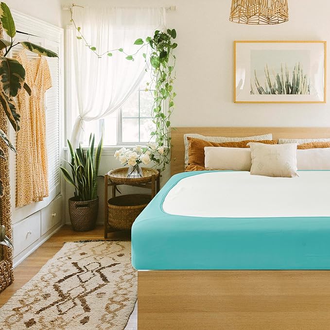 Biscaynebay Decorative Box Spring Cover King & Cal King Size, Aqua Luxurious Jersey Knitting Stretchy Wrap Around 4 Sides Bed Skirt for Home/Hotels, Easy Fit Wrinkle & Fade Free Machine Washable