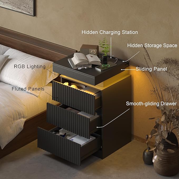 Black Nightstand with 3 Drawers and LED Light, Mid Century Modern Fluted Night Stand with Charging Station, Bedside Table & End Table for Bedroom