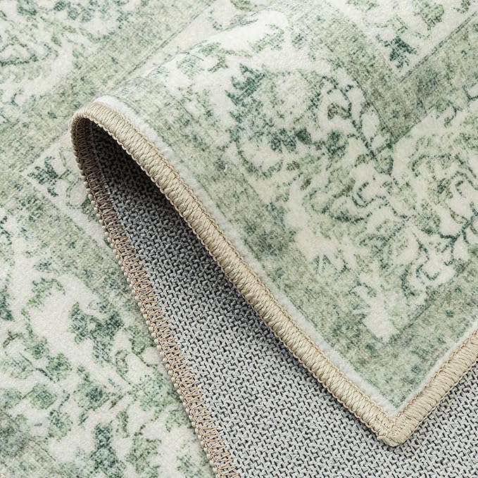 Sage Green Area Rug 3x4 Washable Office Entryway Carpet Vintage Distressed Non Slip Kitchen Indoor Entry Neutral Low Pile Retro Floral Farmhouse Throw Mat for Laundry Dining Room Bedroom