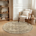 FMFUNCTEX 5ft Round Washable Area Rug Brown Vintage Neutral Distressed Non Slip Carpet for Living Room Bedroom Soft Low Pile Indoor Mat Retro Floral Throw Rug for Dining Room Office Nursery Bedside