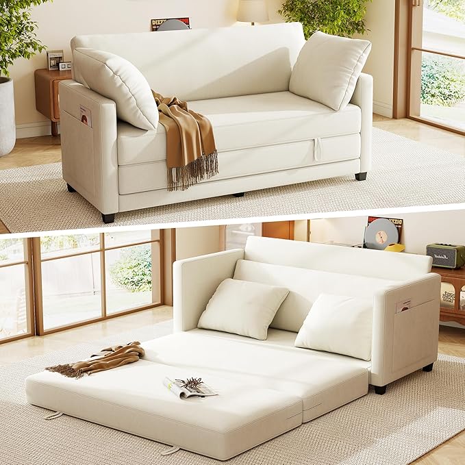65" Loveseat Sleeper Sofa Bed, Chenille Convertible Sofa Bed for Small Spaces, Folding Couch Bed with Deep Seat, Solid Frame, Pull Out Floor Couches for Living Room, Beige