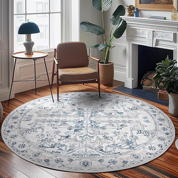 jinchan Lima Round Rug 7ft Vintage Machine Washable Area Rug Indoor Circle 7' Ultra-Thin Non-Slip Floral Print Carpet for Farmhouse Entryway Dining Room Living Room Bedroom Office (7'Round, Blue)