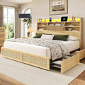 King Size Rattan Bed Frame with 4 Storage Drawers and Hidden Storage Headboard Wooden Platform Bed Frame with LED Lights and Charging Station, No Box Spring Needed, Easy Assembly, Natural