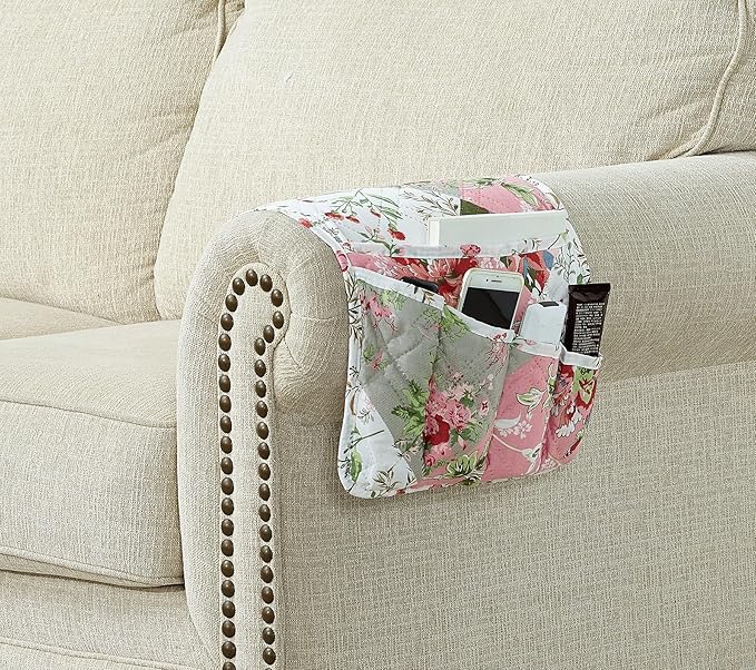 Brilliant Sunshine Peach Flowers Patchwork Couch Armrest 5 Pockets Organizer, Slip Resistant Recliner Armchair Caddy, Washable Remote Controls Holder, Storage for Magazine, Tablet, iPad, Peach Olive