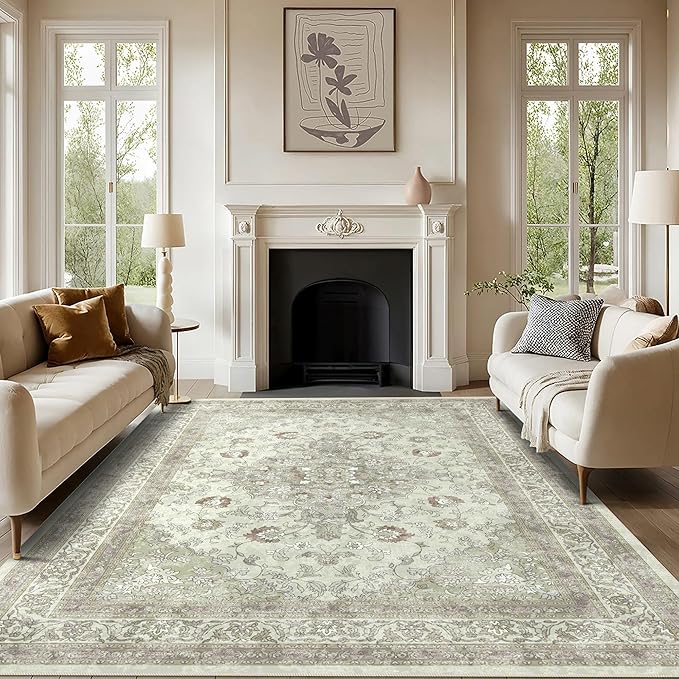 vivorug 8x10 Area Rugs for Living Room, Non-Slip Backing Washable Rug 8x10, Sage Green Large Area Rug Soft Carpet for Bedroom Dining Room, Vintage, Easy Clean, Durable, Low Pile Rug Under Table