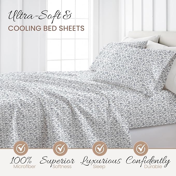 Linen Market Double-Brushed Patterned Microfiber Queen Sheet Set 4 Piece – Oeko-TEX Certified Ultra Soft & Wrinkle-Free - 16" Deep Pocket Sheets - Easy Care Queen Size - Burst of Vines Navy