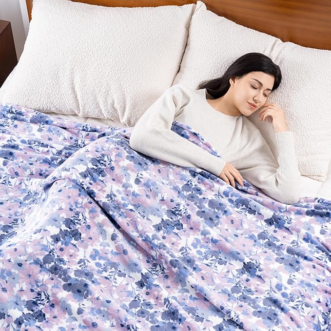 Luxury Printed Fleece Warm Blanket, Soft Lightweight Velvety Plush Throw for Couch and Bed, Cozy Comfy for All Seasons(White Purple Flowers, 90×90 Inches)