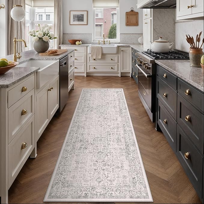 Gray Runner Rug 2x12 Hallway Machine Washable Kitchen Vintage Distressed Non Slip Long Carpet Indoor Grey Retro Floral Bedroom Accent Throw Rug for Bathroom Office Laundry Dining Living Room