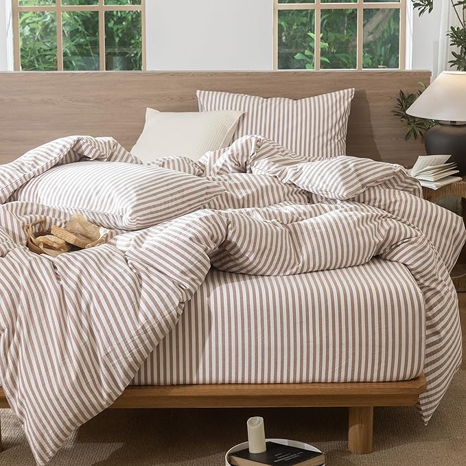MooMee Striped Duvet Cover Set 100% Washed Cotton Linen Like Textured Breathable Durable Soft Comfy (Orange Classic Stripes, King 104"x90")