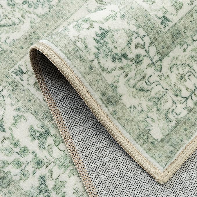 Runner Rug 2x5 Sage Green Hallway Washable Vintage Distressed Kitchen Carpet Non Slip Neutral Low Pile Retro Floral Farmhouse Long Throw Rug Entryway Bathroom Office Laundry Dining Room