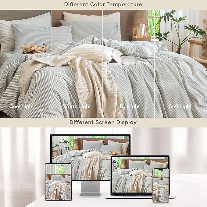 MooMee Striped Duvet Cover Set 100% Washed Cotton Linen Like Textured Breathable Durable Soft Comfy (Heathered Green Pinstripes, Oversized King Plus 128"x120")