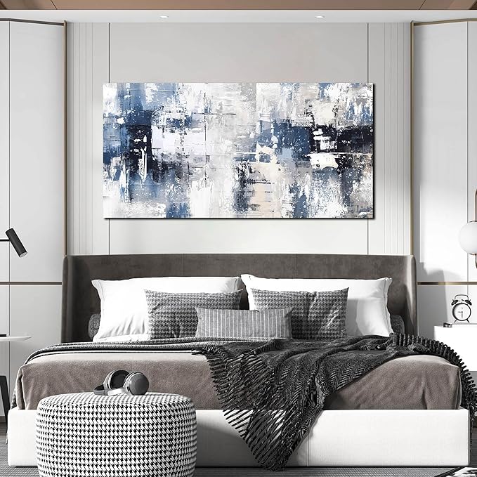 Prepeyssee White and Blue Abstract Canvas Wall Art for Living Room Bedroom Home Office Large Modern Grey Abstract Canvas Prints Picture Ready to Hang Size 24x48