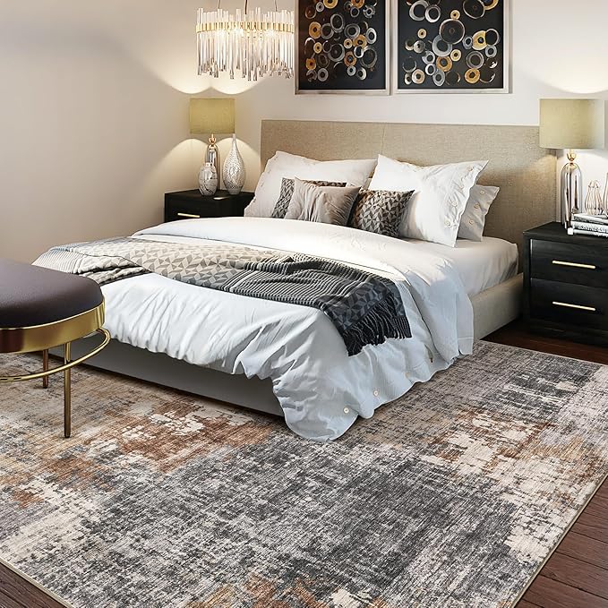 Area Rug Living Room Rugs - 10x14 Washable Large Soft Indoor Neutral Modern Abstract Low Pile Rug Carpet for Bedroom Dining Room Farmhouse Home Office - Grey Brown
