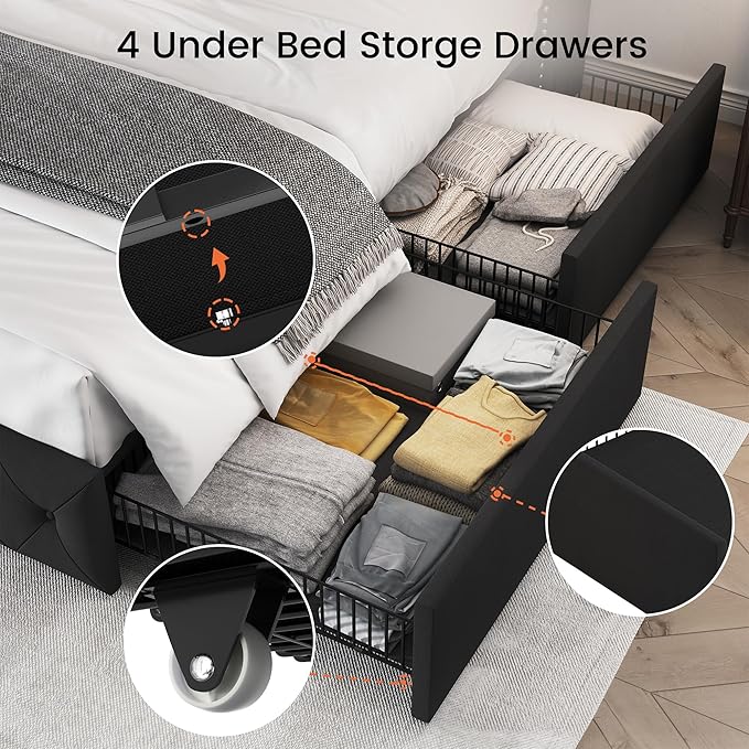 LARMACE King Size Bed Frame with 4 Storage Drawers and Tufted Headboard Velvet Upholstered Platform Bed Frame Wingback Beds with Wooden Slats Support, Easy Assembly, Black