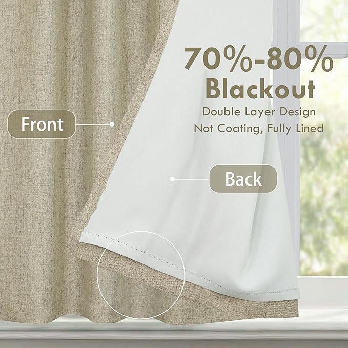 DriftAway Double Layer Linen Blackout Tie Up Curtains Thermal Insulated Fully Lined Balloon Roman Shade Bathroom Window Adjustable Rod Pocket for Small Window 45 Inch by 63 Inch Light Khaki Linen