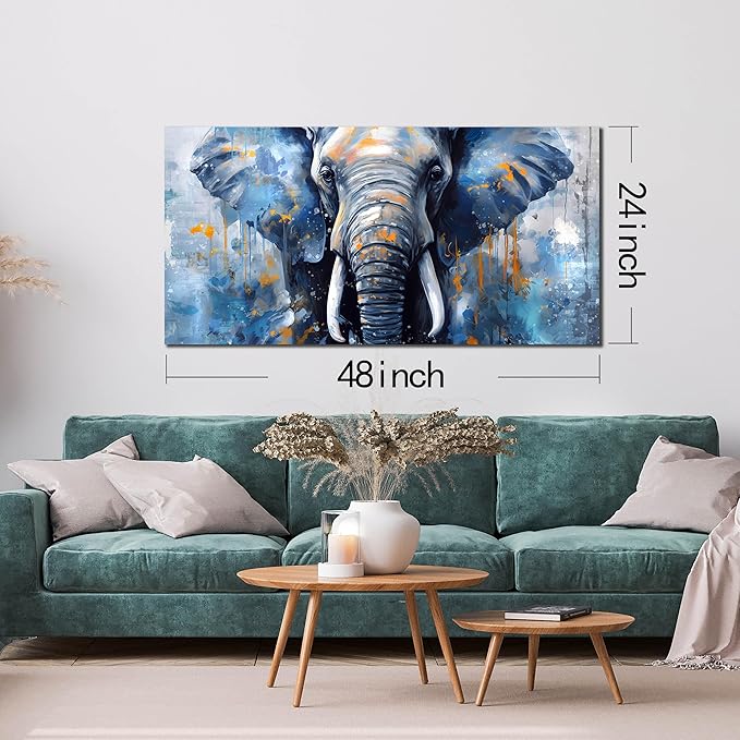 ENTANUB Elephant Wall Art for Bedroom, Animal Canvas Wall Art for Living Room, Blue Picture Print, Size 48x24 Inches