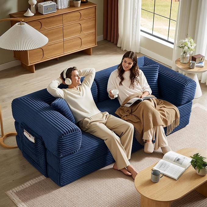 Boneless Couch Folding Couches for Living Room Sofa, Futon Sofa Bed with Sleeper Sofa, Futon Couch with Fixed-Shape Oversized Corduroy Upholstered (Blue, 81 Inches)