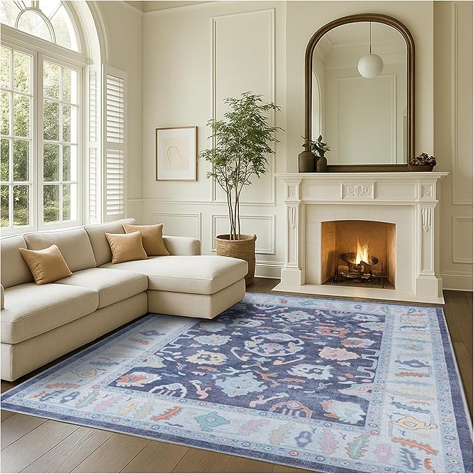 Fame Rugs Navy Blue Modern Oushak Rug 10x13, Vintage Turkish Colorful Oriental Washable Antique Inspired Oversize Area Rugs, Luxury Living Room Bedroom (388NB, 10' x 13')