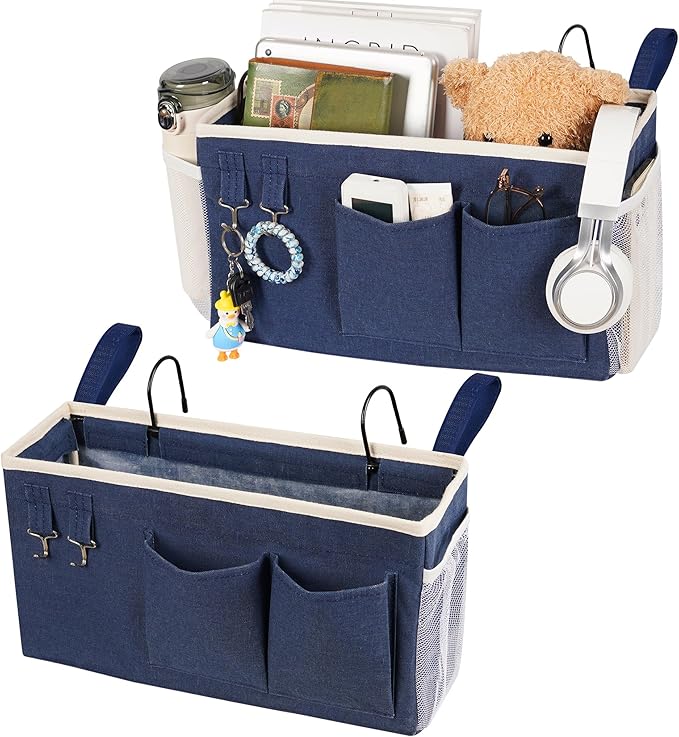 Loghot Bedside Caddy/Bedside Storage Bag Hanging Organizer for Bunk and Hospital Beds,Dorm Rooms Bed Rails,Can be Placed Glasses,Books,Mobile Phones,Keys (2pc Navy Blue)