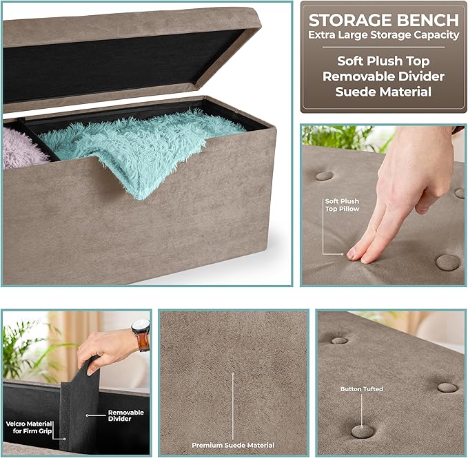 Sorbus 43 Inch Beige Ottoman with Storage Bench – Folding Bed Bench 80L Storage Ottoman Chest with Cover - Shoes Linen, Hope Chest Ottoman Seat Footrest – Plush Tufted Suede Fabric -450 Lbs.