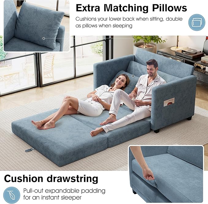 51" Loveseat Sleeper Sofa Bed, Chenille Convertible Floor Sofa Bed for Small Spaces, Folding Couch Bed with Deep Seat, 2 Pillows & Solid Frame, Pull Out Couch for Living Room, Light Blue