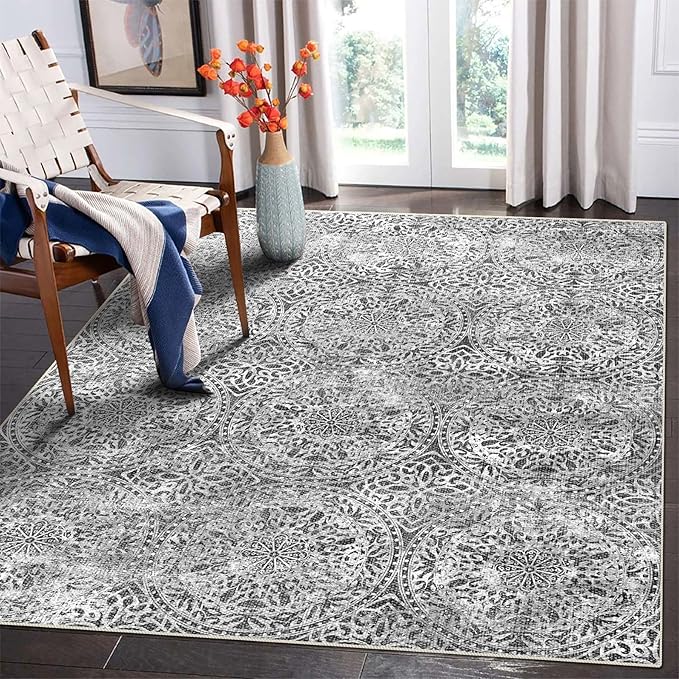 vivorug 9x12 Area Rugs for Living Room, Non Slip Machine Washable Vintage Grey Rug, Ultra-Thin Lightweight Large Area Rug for Bedroom, Dining Room, Low Pile Rug
