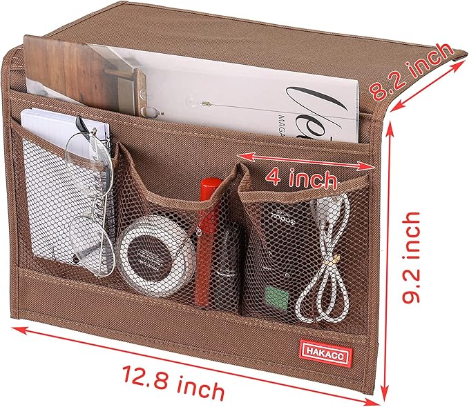 HAKACC Bedside Storage Organizer, Remote Control Holder, Bed Pockets Bedside Caddy Storage for Table Cabinet Phone Glasses, Brown