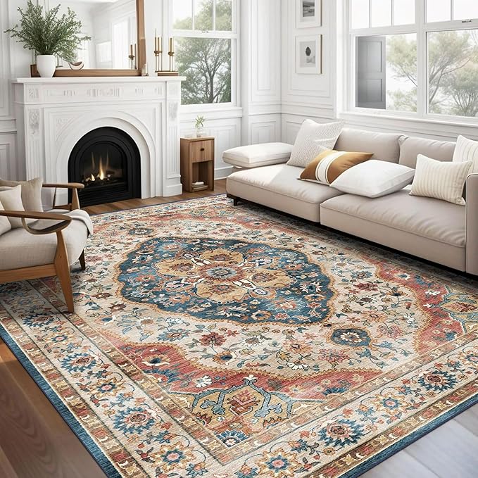 vivorug 3x5 Rug, Small Area Rug for Living Room, Bedroom, Kitchen, Machine Washable Non-Slip Throw Rug, Vintage Carpet for Entryway Nursery Coffee Table - Durable (Beige)