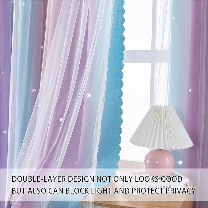 XiDi Dream Star Blackout Curtains for Kids Rooms Girl Princess Curtain for Daughter Bedroom Window (Pink Purple, W34 X L72)