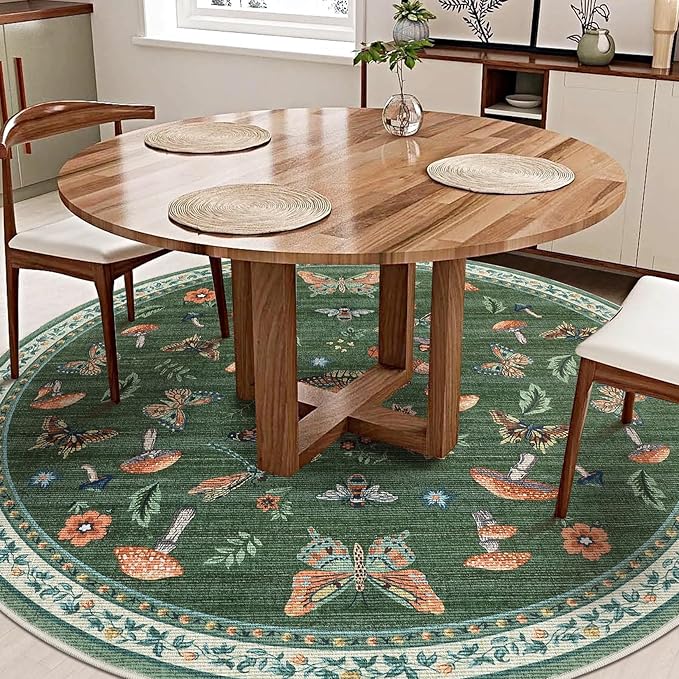 Mushroom Insect 7ft Round Rug Washable Non-Slip Soft Ultra-Thin Large Boho Circle Carpet for Entryway Kitchen Bedroom Nursery Dining Room Green