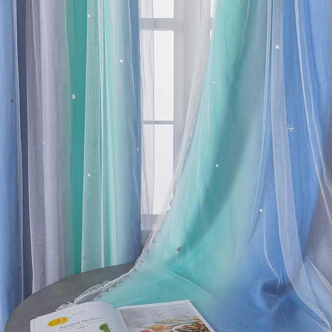 XiDi Curtains for Bedroom Decor, Rainbow BluGrenGrey-52-54