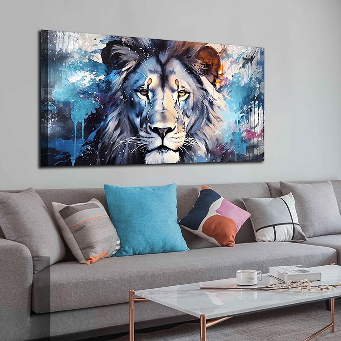 ENTANUB Lion Canvas Wall Art for Living Room, Blue Print Painting for Bedroom, Animal Picture Decor, Large Size 48x24 Inches