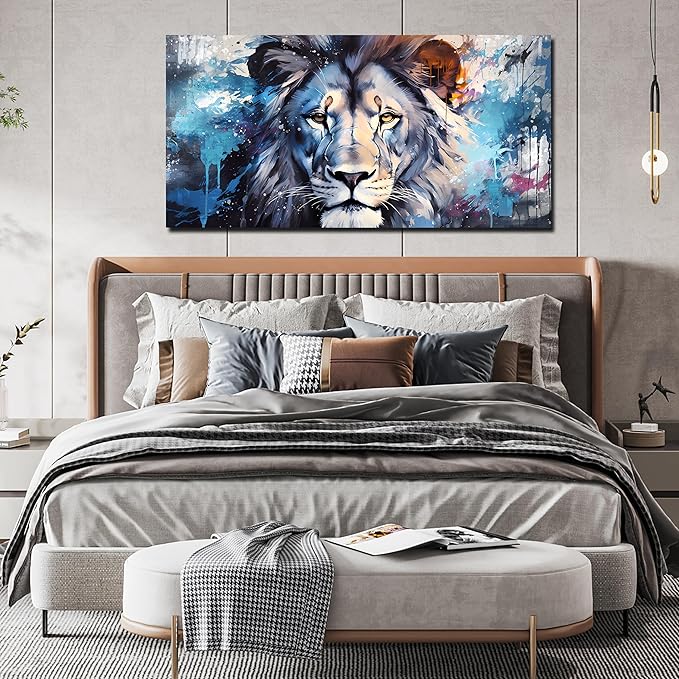ENTANUB Lion Canvas Wall Art for Living Room, Blue Print Painting for Bedroom, Animal Picture Decor, Large Size 48x24 Inches