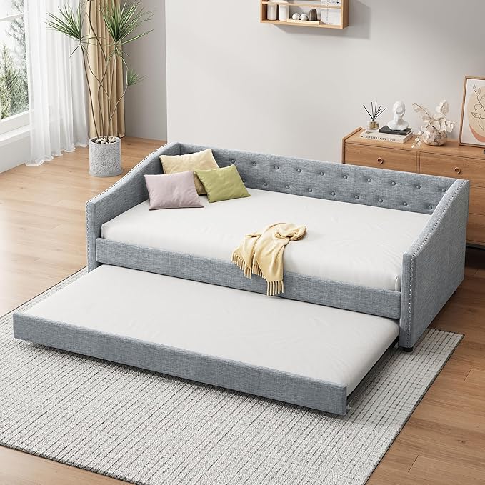 Favfurish Twin Size Daybed with Trundle Upholstered Day Bed Frame with Button Tufted Backrest and Nailhead Decorated Armrest for Living Room Bedroom,No Box Spring Needed,Light Grey