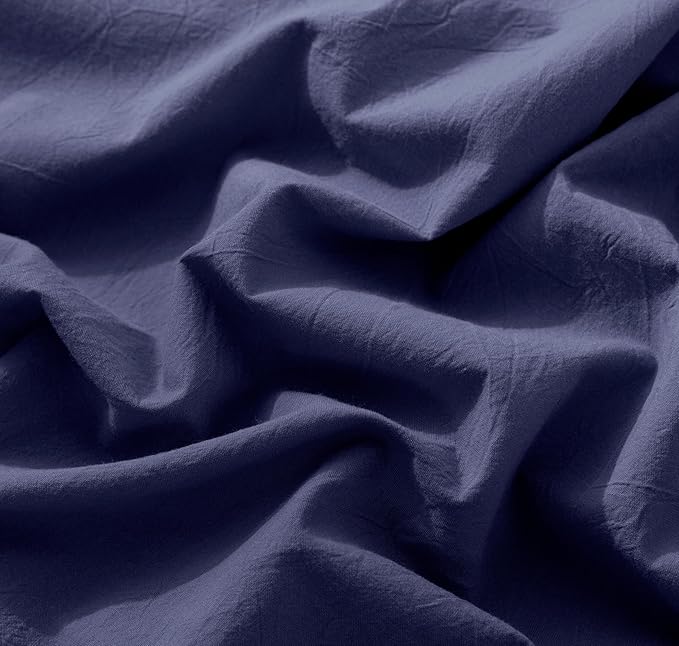 MooMee Fitted Bottom Sheet Only 100% Washed Cotton Linen Like Textured Breathable Durable Soft Comfy Deep Pocket Fits Mattress up to 17" (Dark Blue, King)