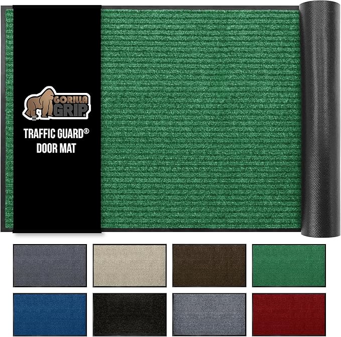 GORILLA GRIP Waterproof Traffic Guard Door Mat, 47x35, Heavy Duty Entryway Mats, Strong Rubber Back Commercial Utility Rugs for Office Hallway, Garage Floor and Home, Low Profile Carpet Runner, Green