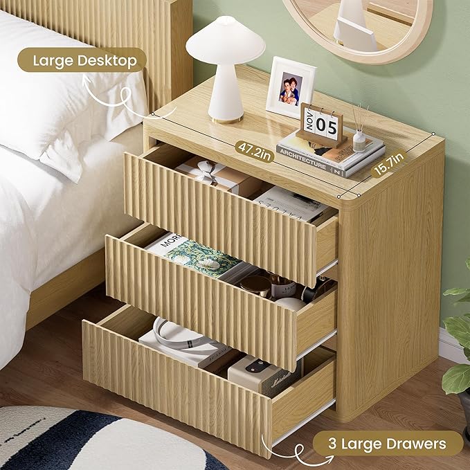 Fluted Nightstand with 3 Drawers, Wood Night Stand with Storage， 25" Wide Bedside Table, Modern Side Table for Bedroom, End Table for Living Room, Handleless Design, Curved Profile, Natural Oak 1PC