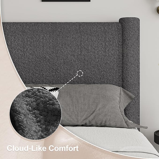 Queen Size Bed Frame, Boucle Upholstered Platform Bed Frame with Headboard and Footboard, Soft Bed Frame with Rounded Corners, No Box Spring Required, Easy Assembly, Dark Grey